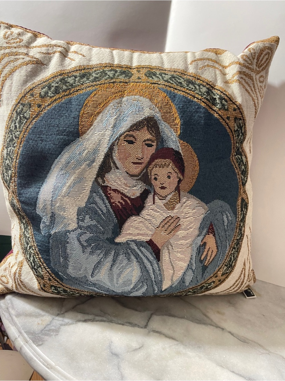 Newport Religious Tapestry Pillow in Blue, Gold, Cream Mother & Daughter